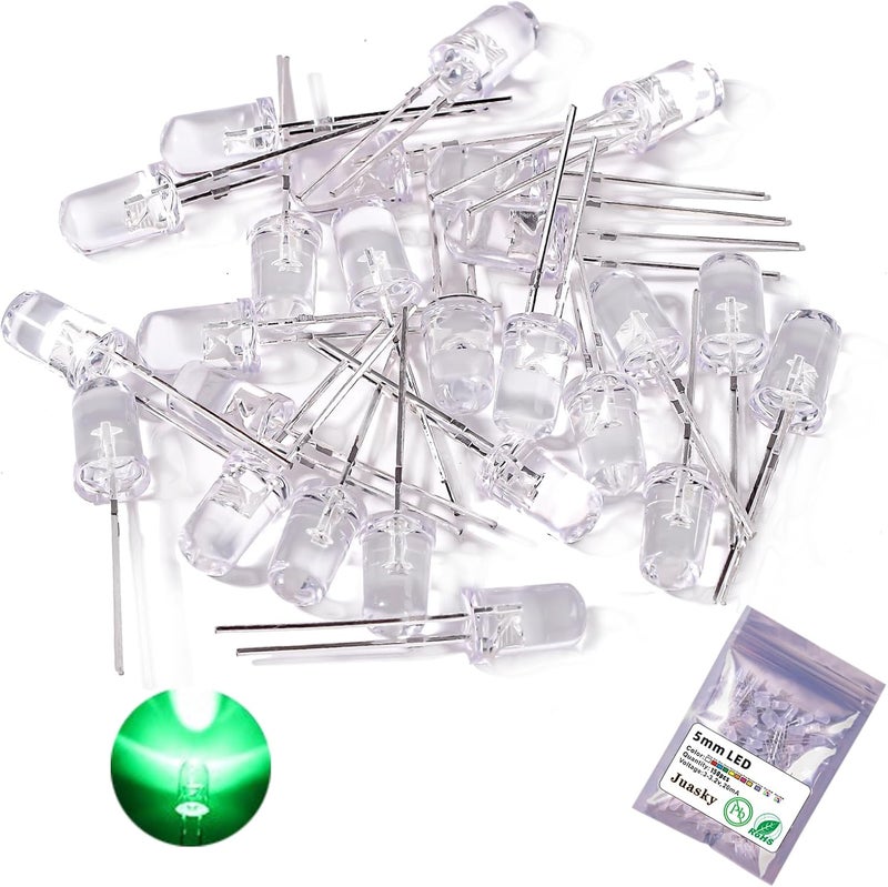 Juasky 150pcs 5mm LED Diode Lights,Clear Green LED Light Emitting Diodes for Science Experiment DIY Projects - Image 1